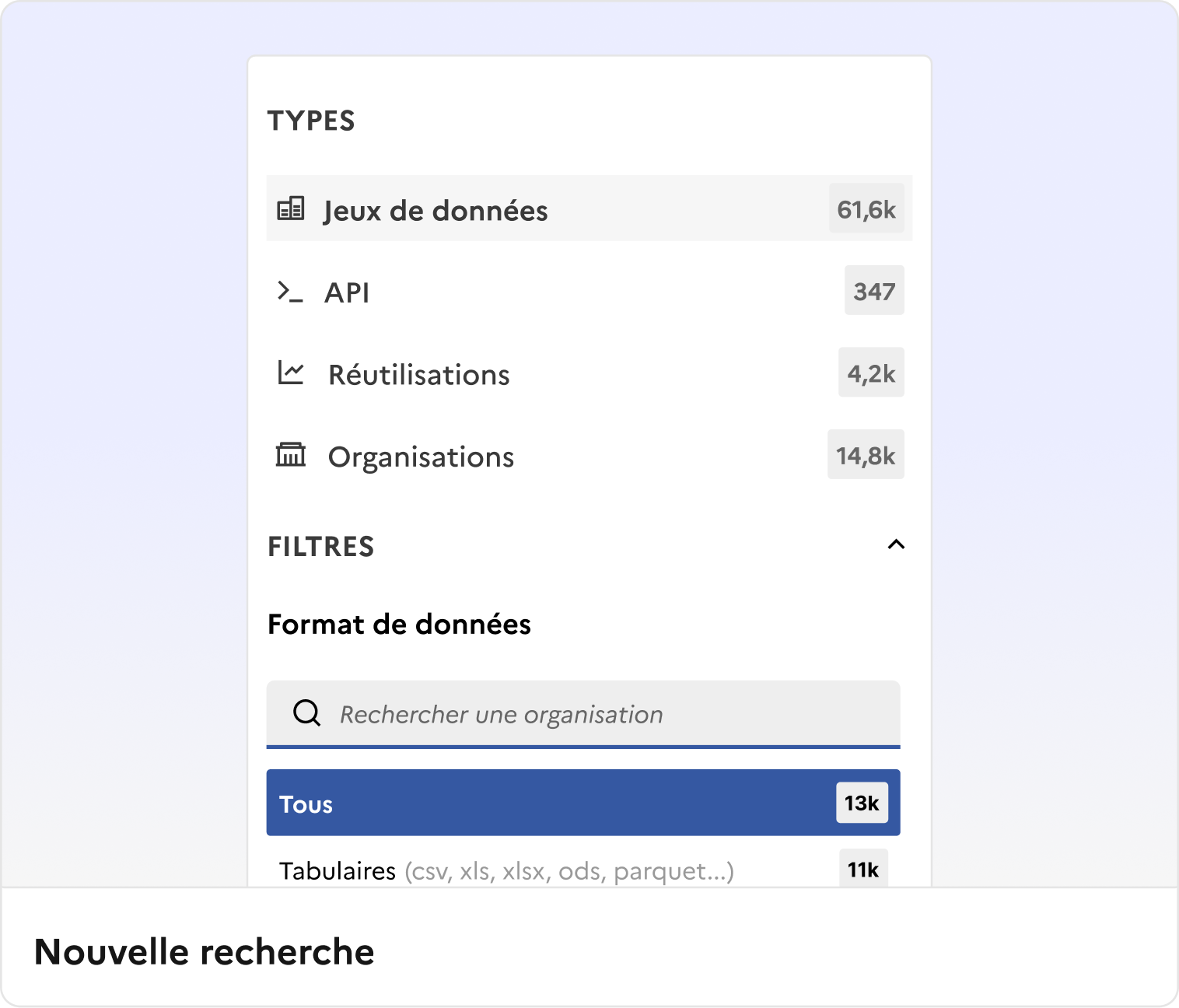 Amélioration de la fonction de recherche Capture d'écran de la fonction de recherche avec ses filtres